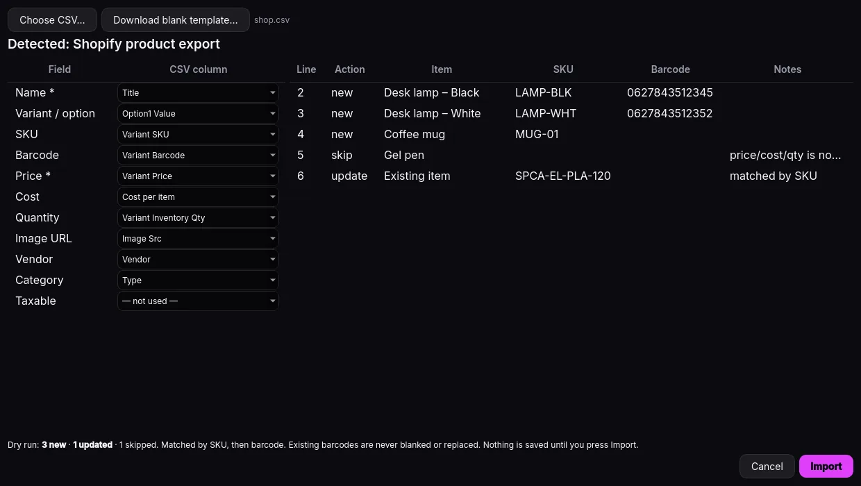 Import products from a CSV or Shopify export