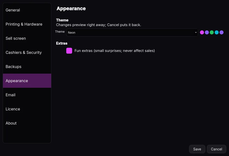 Appearance — Colour themes and optional fun extras.