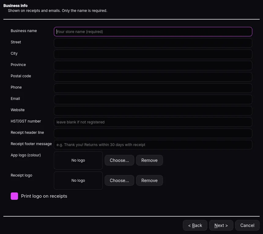 Setup wizard: Business details
