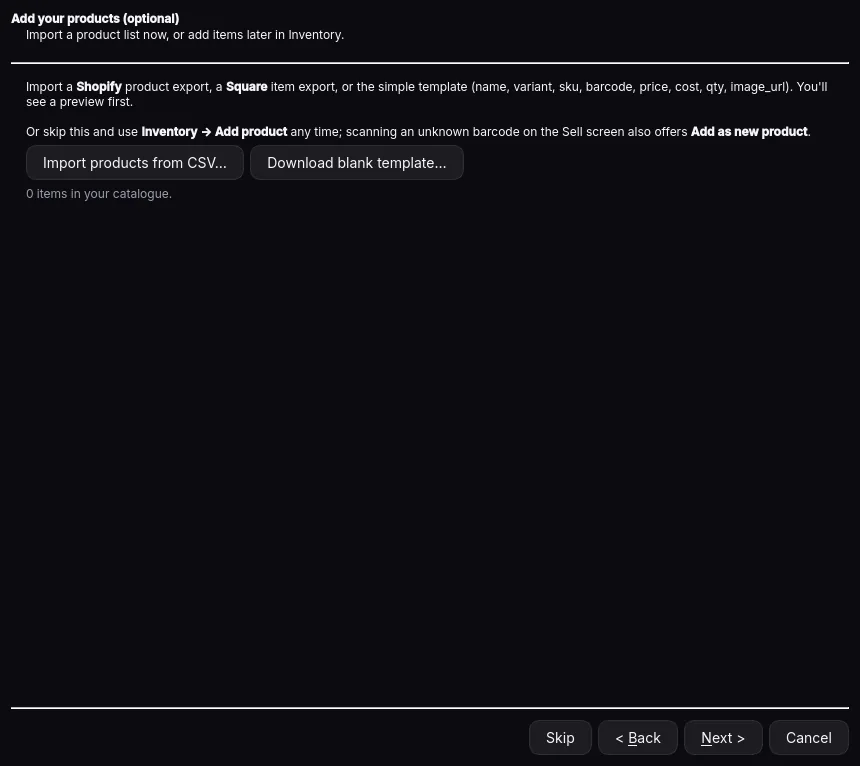 Setup wizard: Products